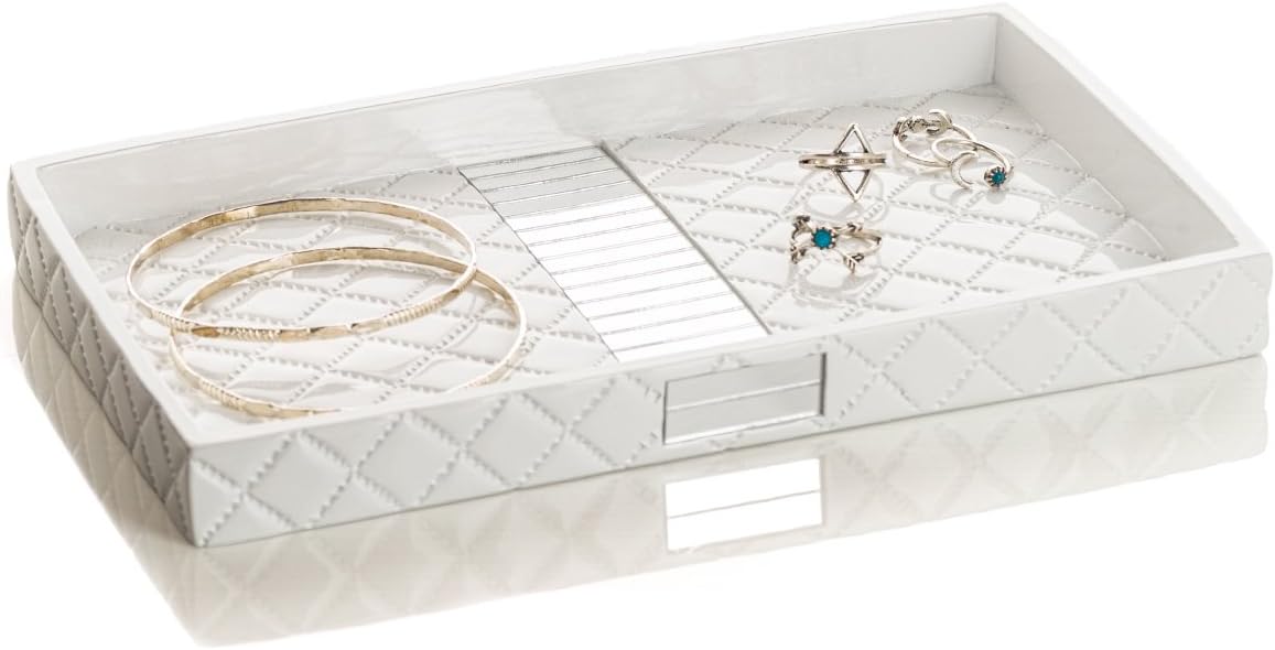 Creative Scents Quilted Mirror White Bathroom Accessories Set - 7 Pc Bathroom Set Includes Trash Can, Tissue Cover, Vanity Tray, Soap Dispenser, Toothbrush Holder, Tumbler & Soap Dish (Quilted Mirror)