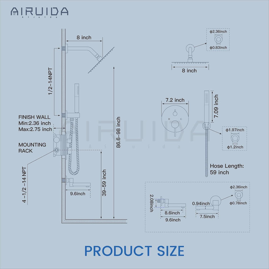 Airuida 3-Function Shower System with Tub Spout – Round Rainfall Shower Faucet Combo,Handheld Spray with 2 Functions,Includes Rough-In Valve with 360° Rotating Drain,8 Inch Shower Head,Brushed Nickel