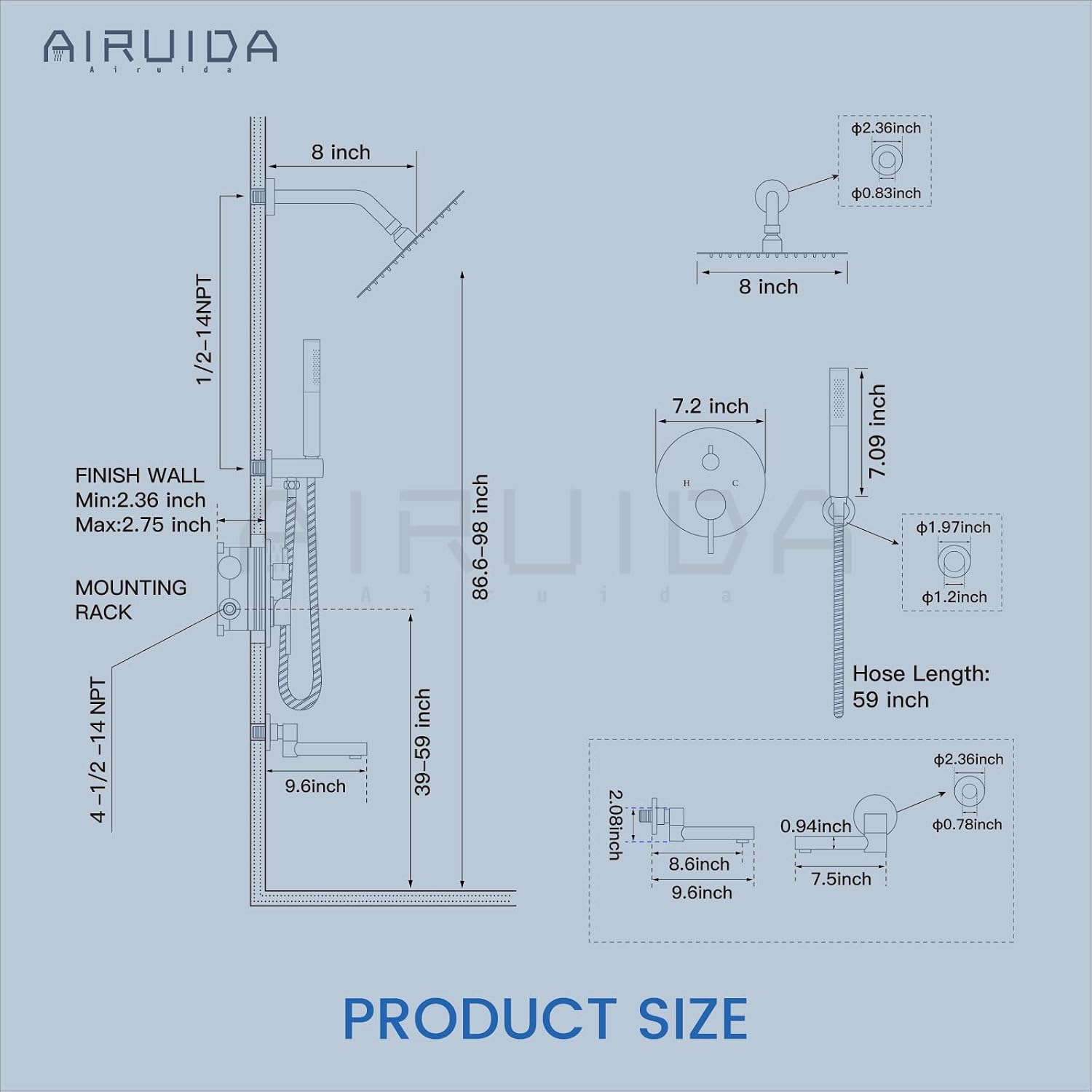Airuida 3-Function Shower System with Tub Spout – Round Rainfall Shower Faucet Combo,Handheld Spray with 2 Functions,Includes Rough-In Valve with 360° Rotating Drain,8 Inch Shower Head,Brushed Nickel