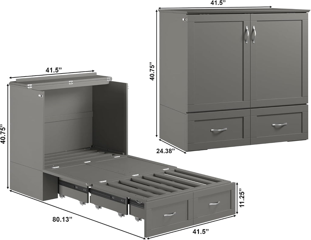 AFI, Hamilton Twin XL Murphy Bed Chest with 6' Mattress, Storage Drawer, and Built-in USB Charger, Grey