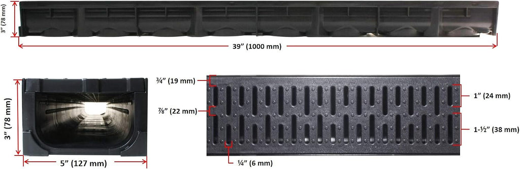URA WATER - Model UA-100 - Drainage Trench Set - Channel Drain with Grate - Black Plastic - 3 x 39 - (117' Total Length)