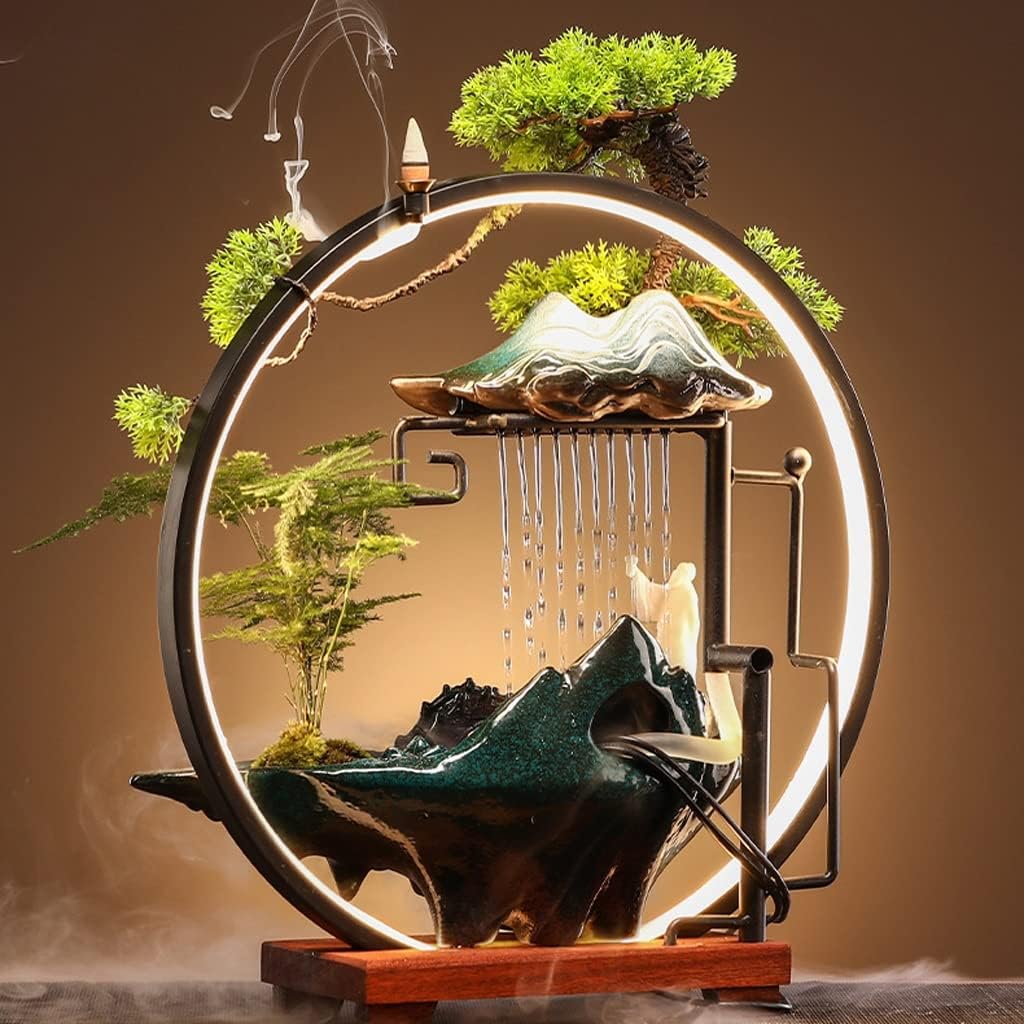 HIHELO Desktop Fountain Tabletop Fountain Chinese Ceramic Lucky Flowing Water Ornament Desktop Circulation Fountain Office Desktop Decoration Water Fountain Outdoor (Color : B)