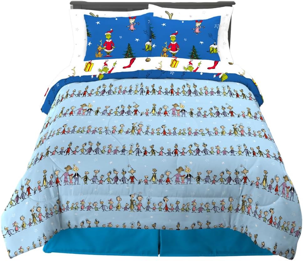 Grinch By Dr. Seuss Holiday & Christmas Bedding Super Soft Comforter and Sheet Set with Sham, 7 Piece Queen Size (Official Dr. Seuss Product) By Franco