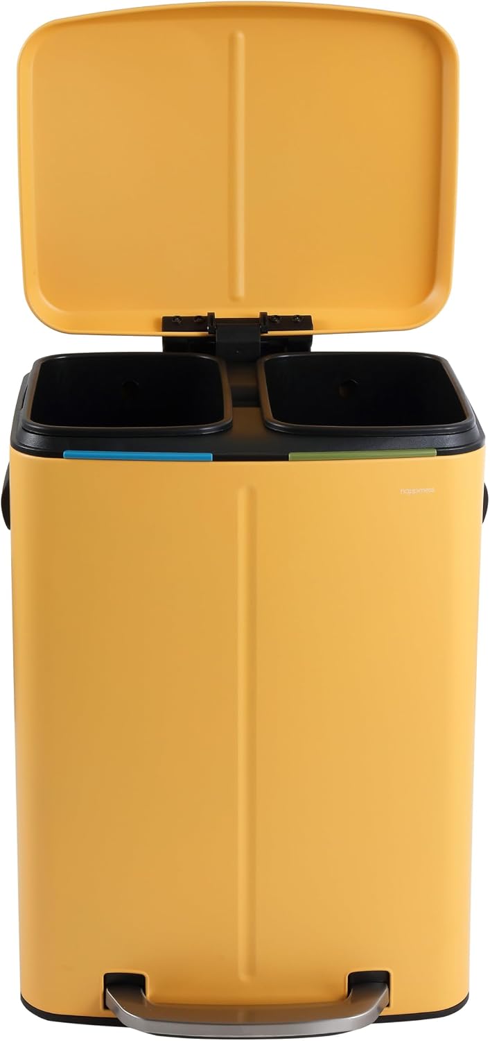 happimess HPM1005L Marco Rectangular 10.6-Gallon Double Bucket Trash Can with Soft-Close Lid, Daffodil Yellow, Fingerprint Resistant, Modern, Minimalistic for Home, Kitchen, Office, Bedroom, Bathroom
