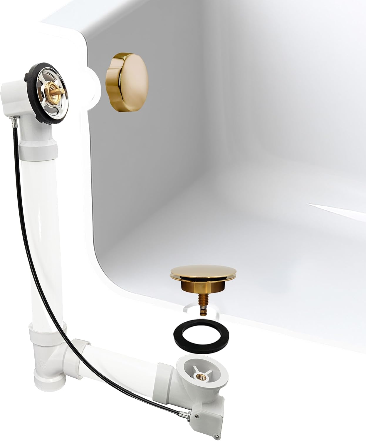 Westbrass D50P45-01 45' Cable Drive Standard Bath Drain Trim Kit with Rotary Overflow Cover Knob, Pop-Up Stopper and SCH. 40 PVC Fittings, Polished Brass