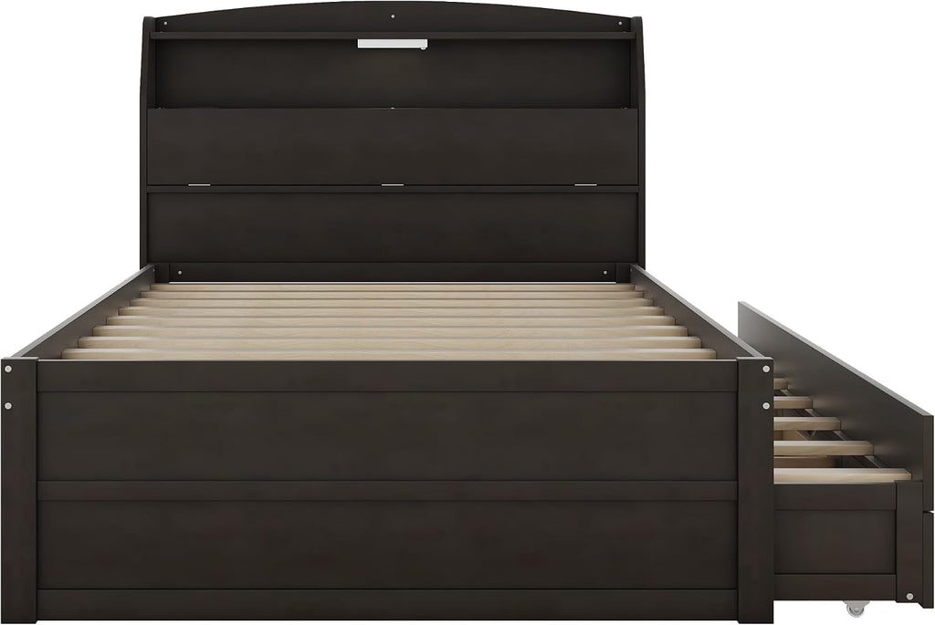 Multi-Function Full Size Platform Bed with Trundle and 3 Drawers, Wood Captain Platform Bed Frame with Storage Headboard and Night Light, Maximized Space (Brown-D1, Full)