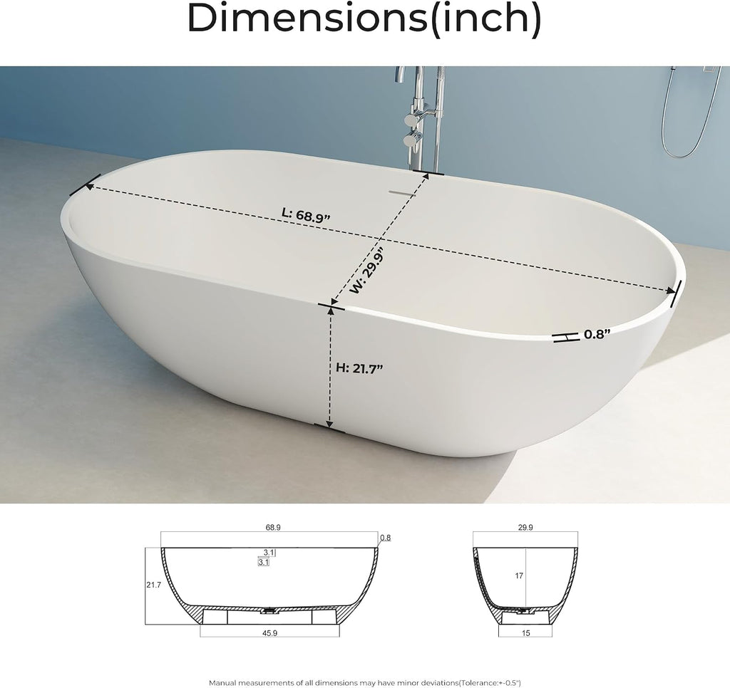 69' Premium Solid Surface Freestanding Bathtub, Oval Stone Resin Tub with Overflow and Pop-up Drain, Matte White