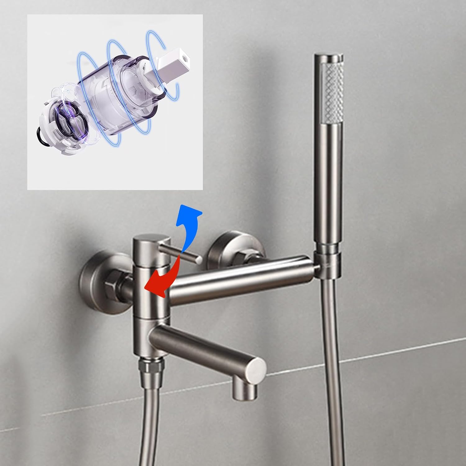 BiaoTeng Wall Mount Tub Faucet with Handheld Shower Hot and Cold Brass Single Handle Wall Mount Bath Tub Faucet Set Grey