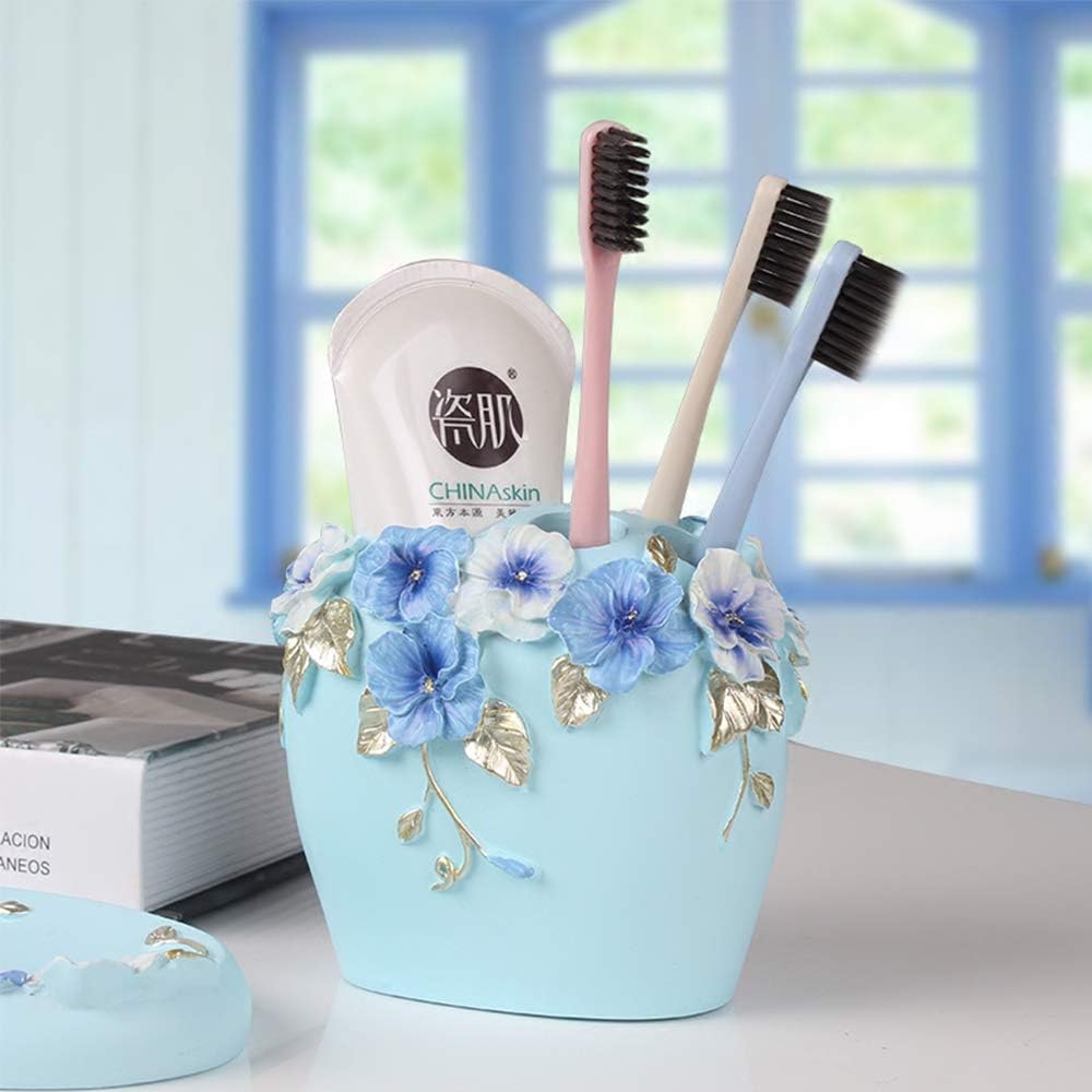 Bathroom Accessories Set Creativity Romantic Wedding Bath Set Resin Bath Ensemble Includes Toothbrush Holder, 2 Tumblers, Liquid Soap Dispenser, Soap Dish,Blue
