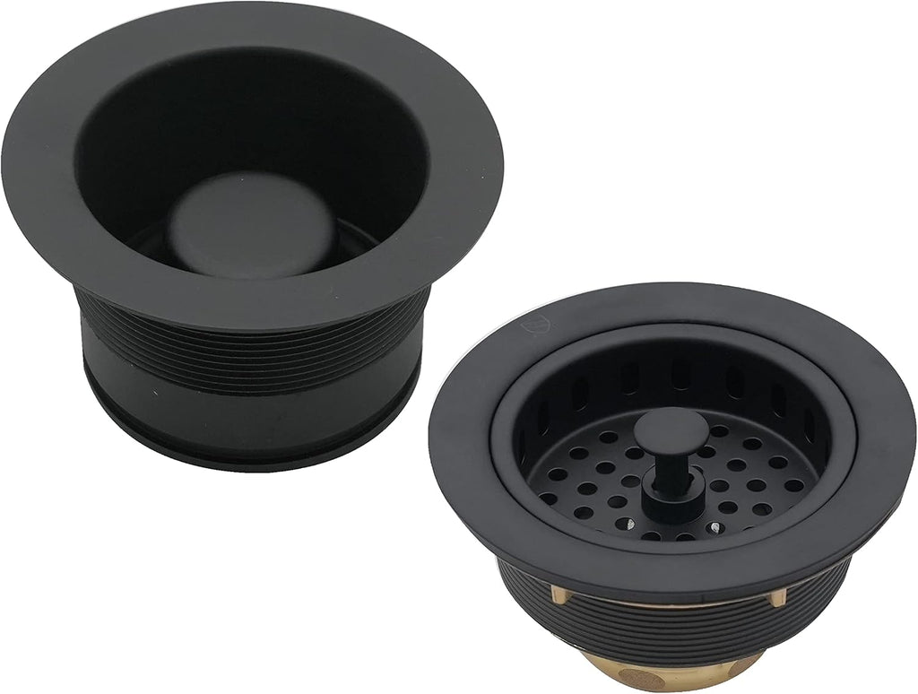 Westbrass CO2185-62 Combo Pack 3-1/2' Post Style Large Kitchen Sink Basket Strainer and Waste Disposal Drain Flange with Stopper, Matte Black