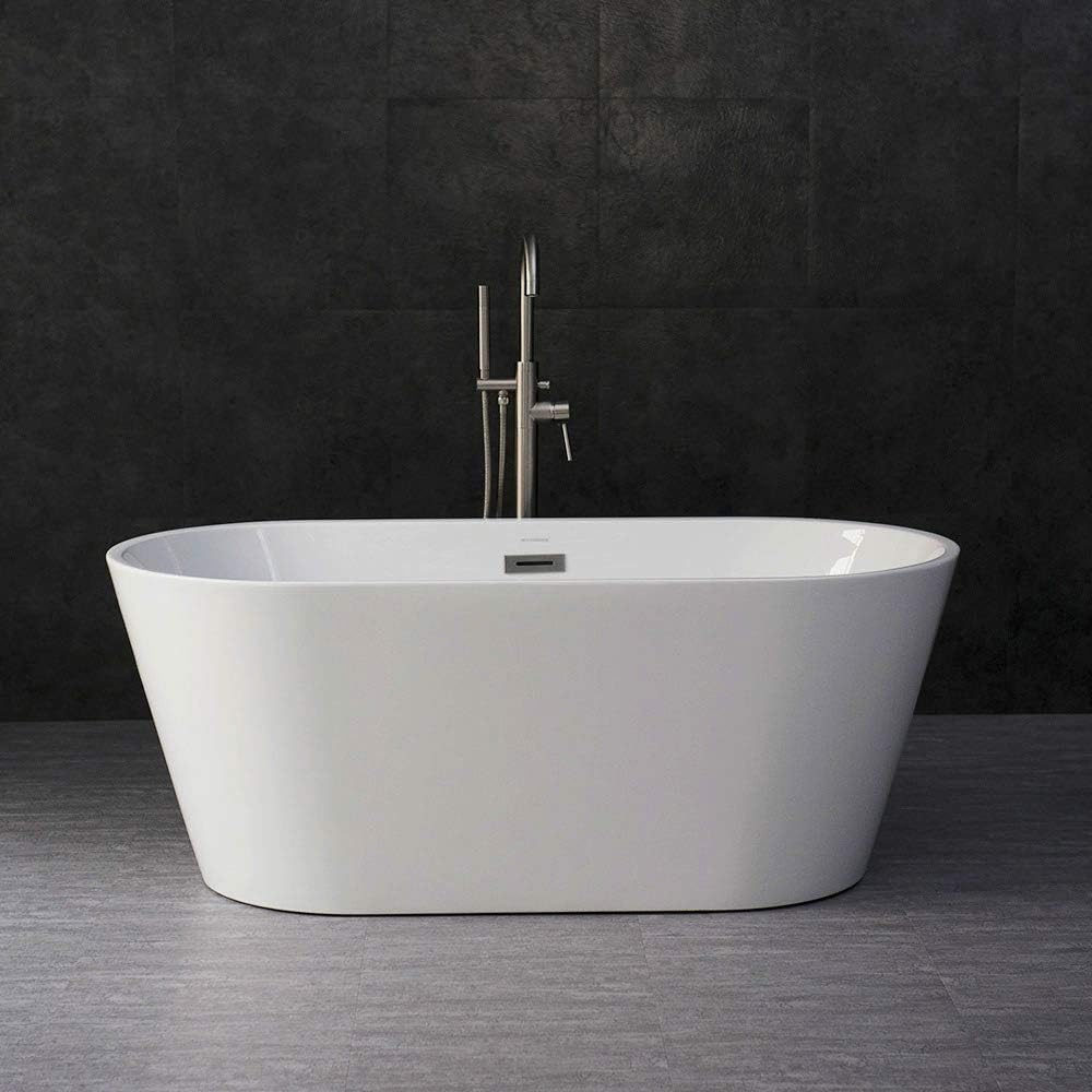 WOODBRIDGE 59' Acrylic Freestanding Bathtub Contemporary Soaking Tub with Brushed Nickel Overflow and Drain B0014B,White