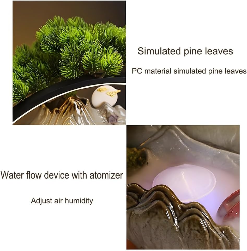 GZHERVICES Tabletop Fountains with Ceramic Sculpture, 3D Indoor Waterfall with LED Light Ring and Backflow Incense Burner, Indoor Rain Curtain Waterfall Water Feature with Mist(Diameter 35cm/13.78in)