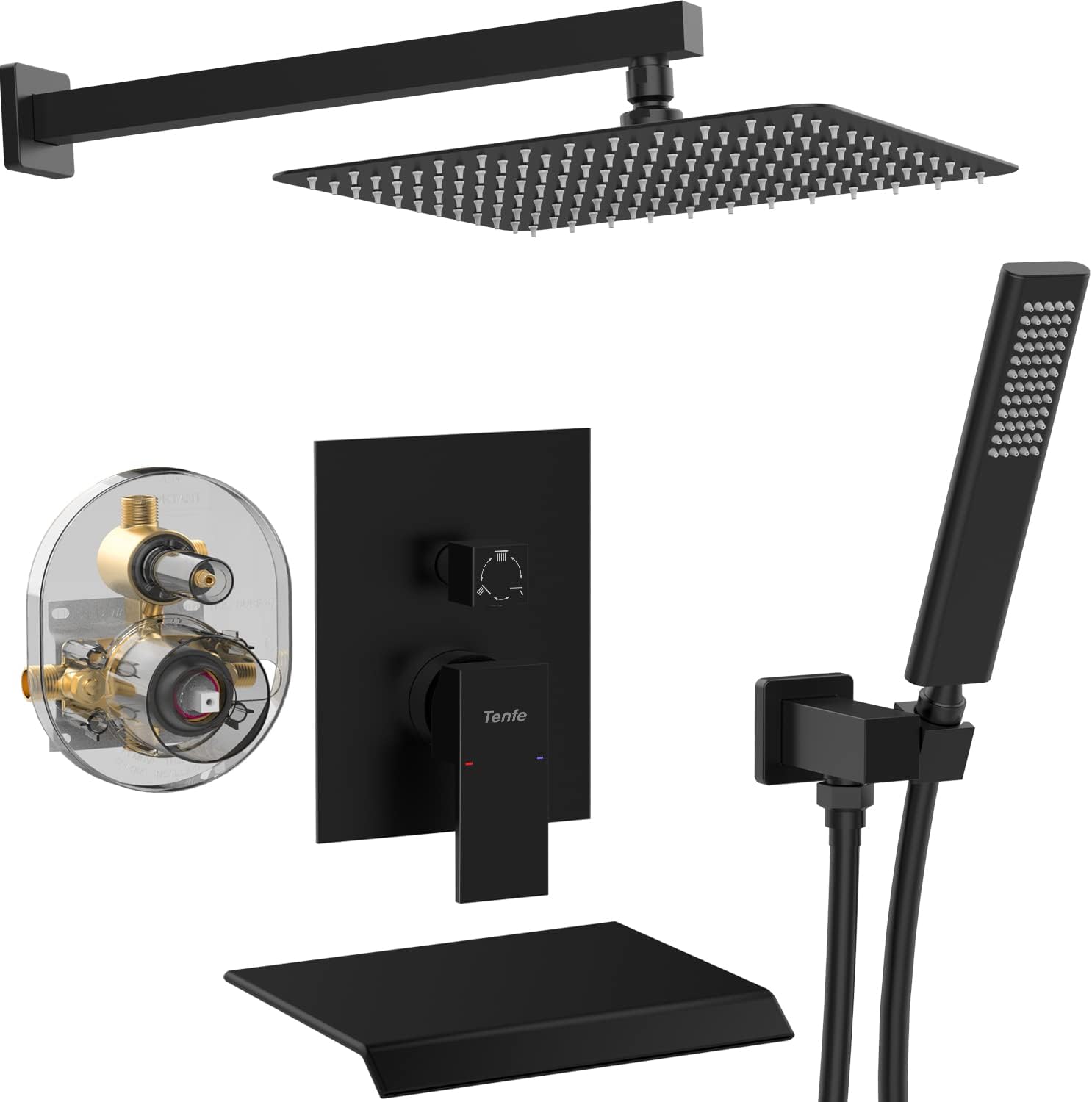 Male NPT Matte Black Shower System, 12 Inch Shower Fixtures Rain Shower Head with Handheld Shower Spray, Wall Mount Shower Faucet Set for Bathroom(Pressure Balance Shower Trim Valve Kit Included)