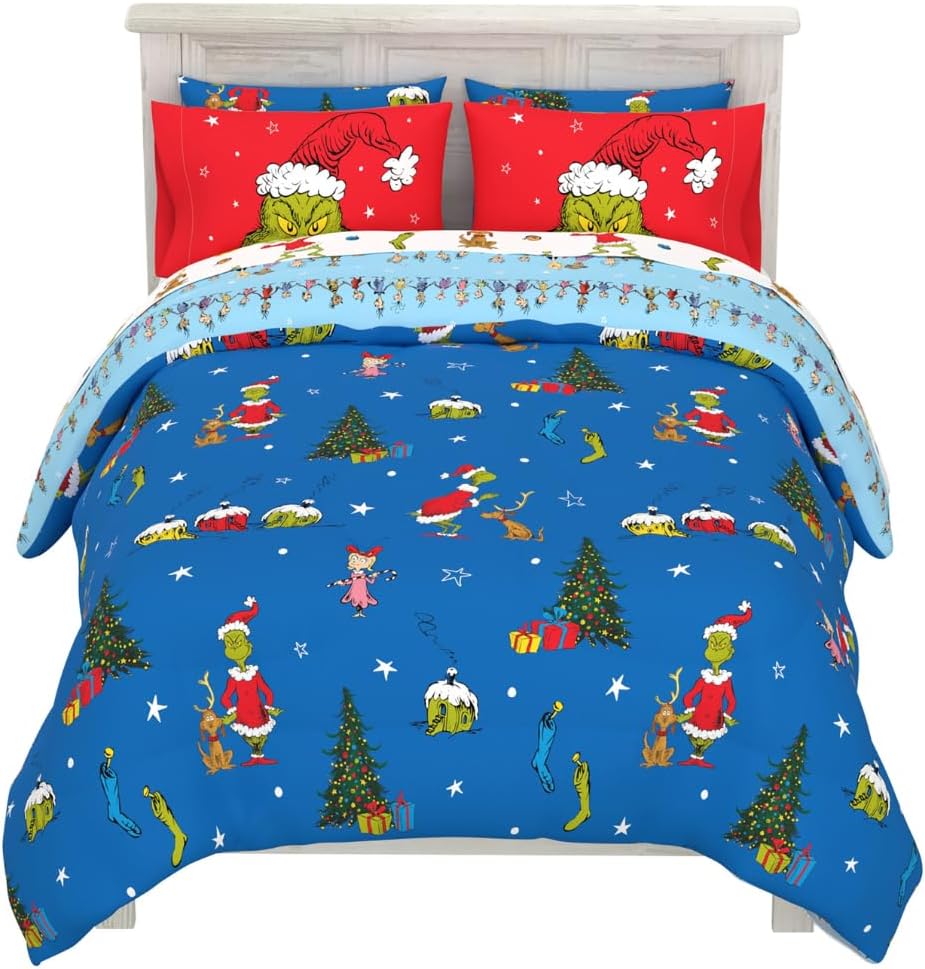 Grinch By Dr. Seuss Holiday & Christmas Bedding Super Soft Comforter and Sheet Set with Sham, 7 Piece Queen Size (Official Dr. Seuss Product) By Franco