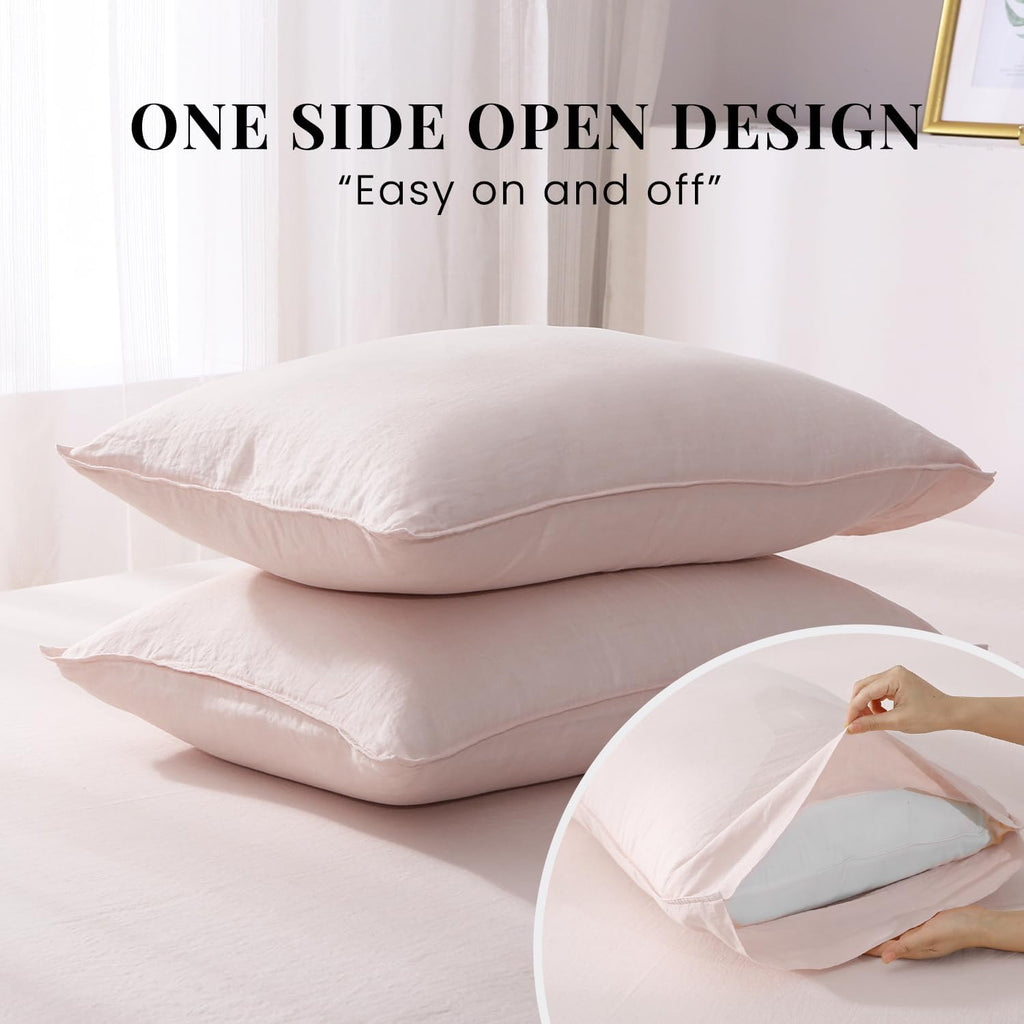 S VICTORY SYMBOL 100% Organic Linen Sheets Set Queen Size,Washed French Flax Bed Sheets 4 Pieces(2 Pillowcases,1 Fitted Sheet,1 Flat Sheet) Pale Pink,Natural Linen Bedding