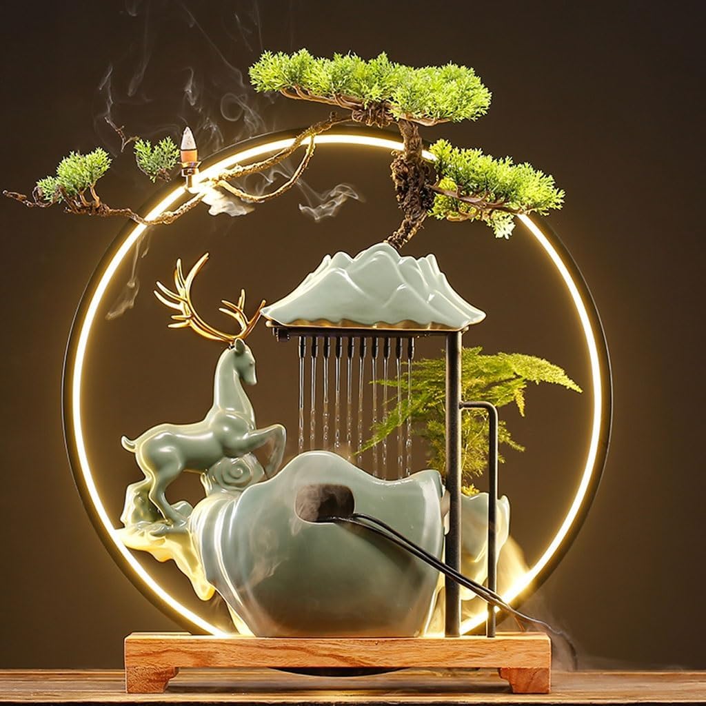 GUERNSEY Tabletop Fountain Chinese Creative Home Porch Water Ornaments Living Room Desktop Ceramic Fountain Office Circulating Water Fountain Indoor Waterfall Feature Indoor Fountain
