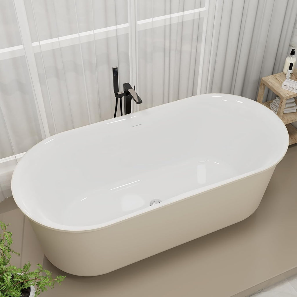 59' Solid Surface Resin Freestanding Bathtub, Double Ended Shape, Modern Deep Stone Resin Soaking Bathtub with Integrated Slotted Overflow, Toe-Tap Chrome Drain, cUPC Certified, Khaki