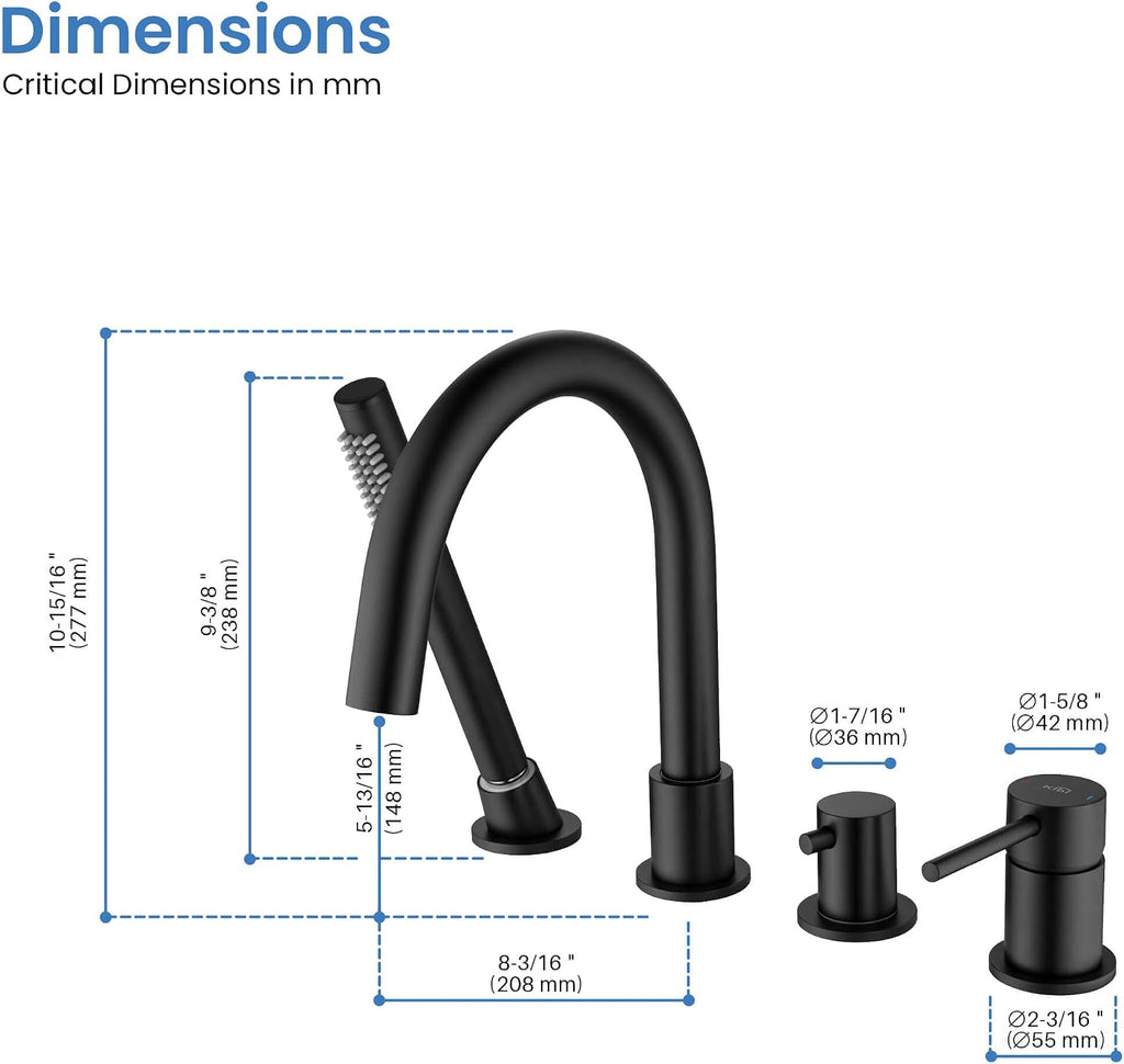 KIBI Circular Single Handle Roman Tub Faucet with Hand Shower | Deck Mounted Bathtub Faucet Set with Diverter | Durable Solid Brass Construction, Smooth Water Flow Control | Matte Black, KTF3101