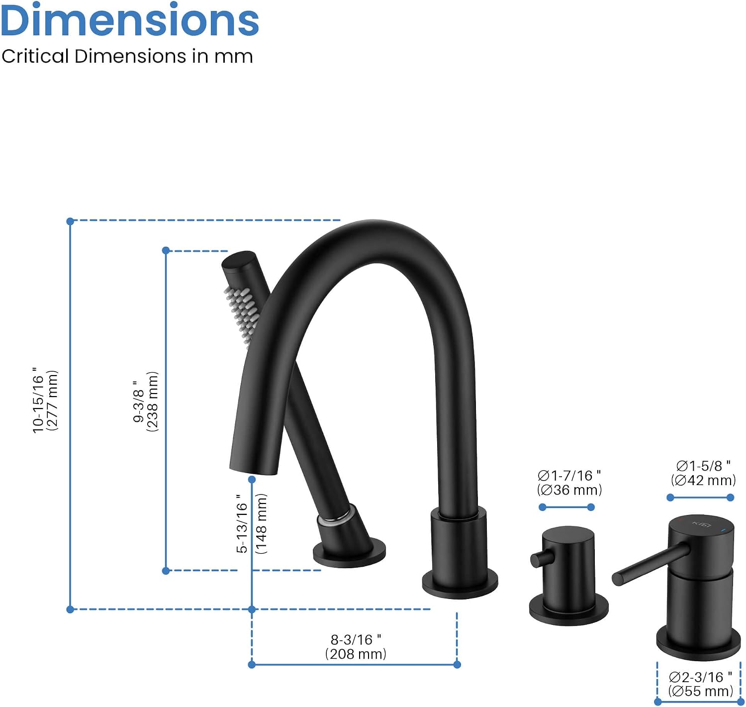 KIBI Circular Single Handle Roman Tub Faucet with Hand Shower | Deck Mounted Bathtub Faucet Set with Diverter | Durable Solid Brass Construction, Smooth Water Flow Control | Matte Black, KTF3101
