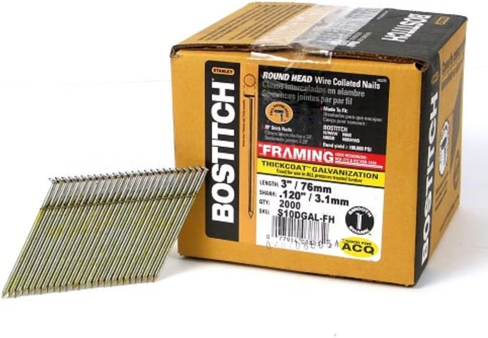 BOSTITCH Framing Nails, 28 Degree, Wire Weld, Galvanized, 3-Inch x .120-Inch, 2000-Pack (S10DGAL-FH)