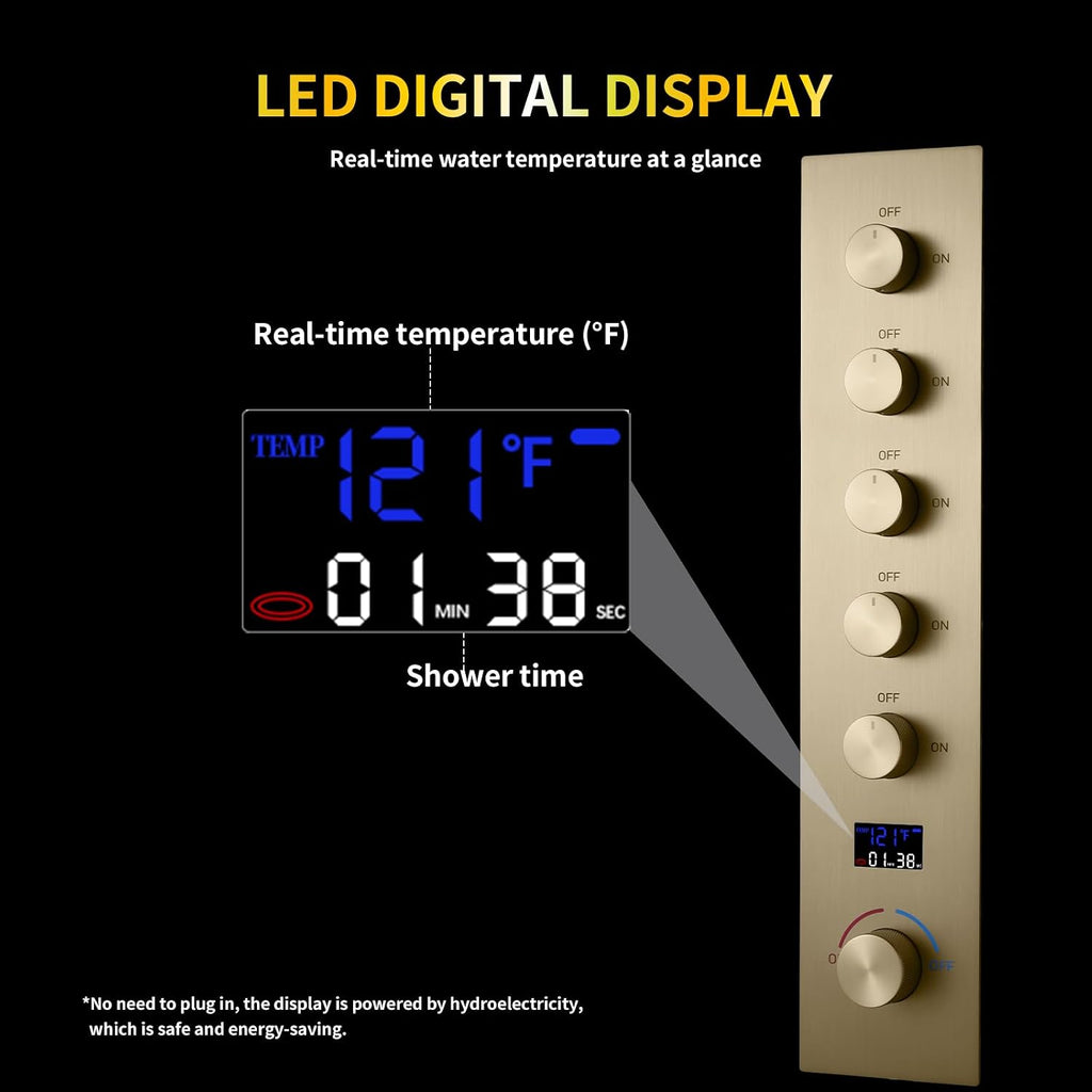 AYIVG Brushed Gold 16 x 26 Inch Full Body Thermostatic Rainfall Shower System 64 Color LED Rainfall Luxury Shower Head System with 6 Spray Jets Ceiling Mount Rain Temperature Display Shower Faucet Set