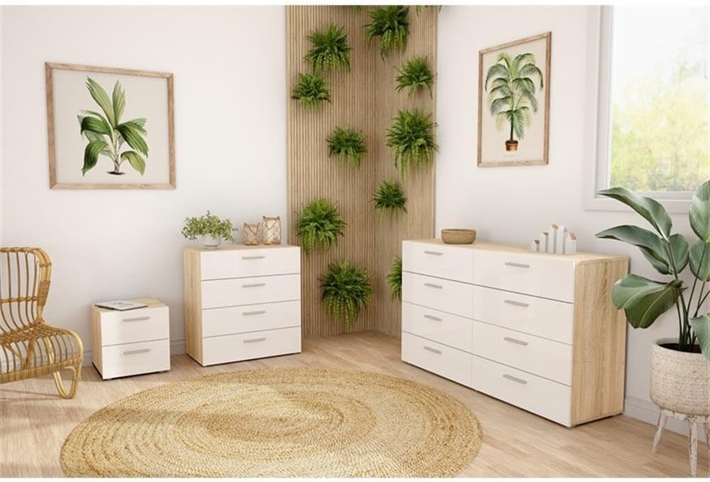 Home Square Contemporary Style 4 Piece Bedroom Set with Two Nightstands, 8 Drawer Double Dresser and 4 Drawer Chest in Oak and White Gloss