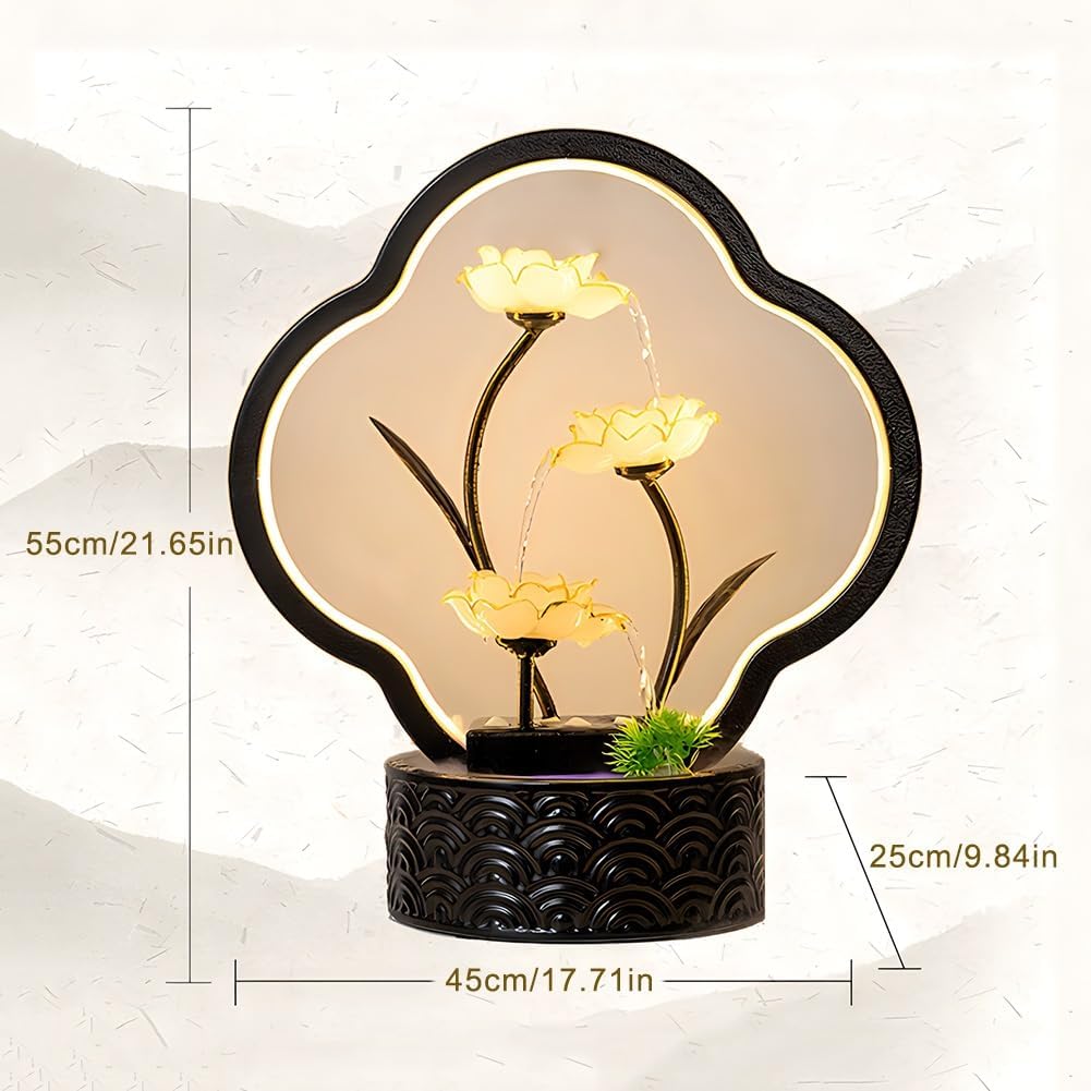 GZHERVICES 3-Tier Tabletop Fountain, Indoor Water Lily Water Serenity Fountain, Zen Meditation Indoor Waterfall Feature with LED Light for Home Office Bedroom Relaxation