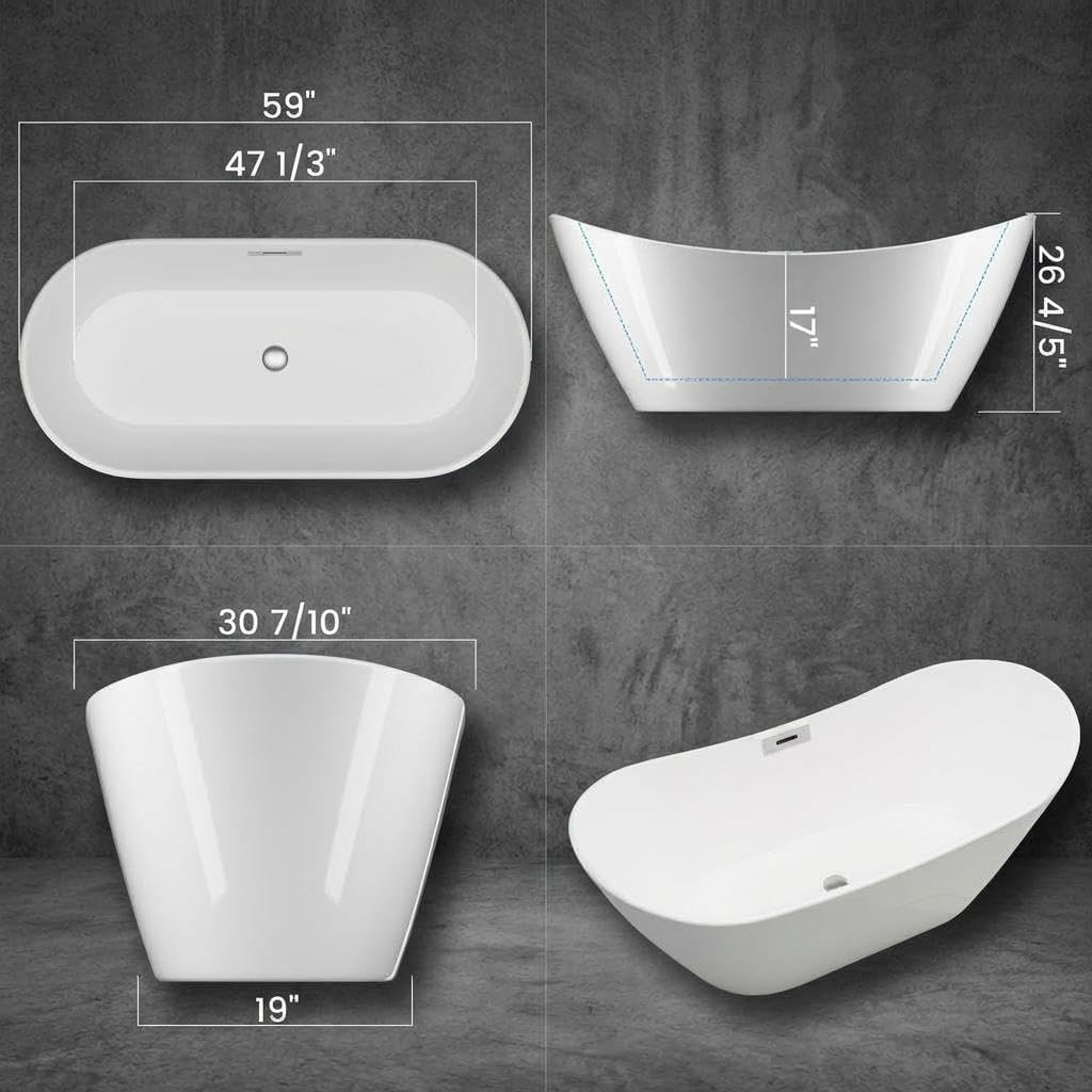 59' Acrylic Freestanding Bathtub, Free Standing Soaking Tub, Freestanding Tub with Overflow and Matte Silver Drain, Modern Bathtub for Bathroom, Hotel, Easy to Install, CUPC Certified, White, SKY-T