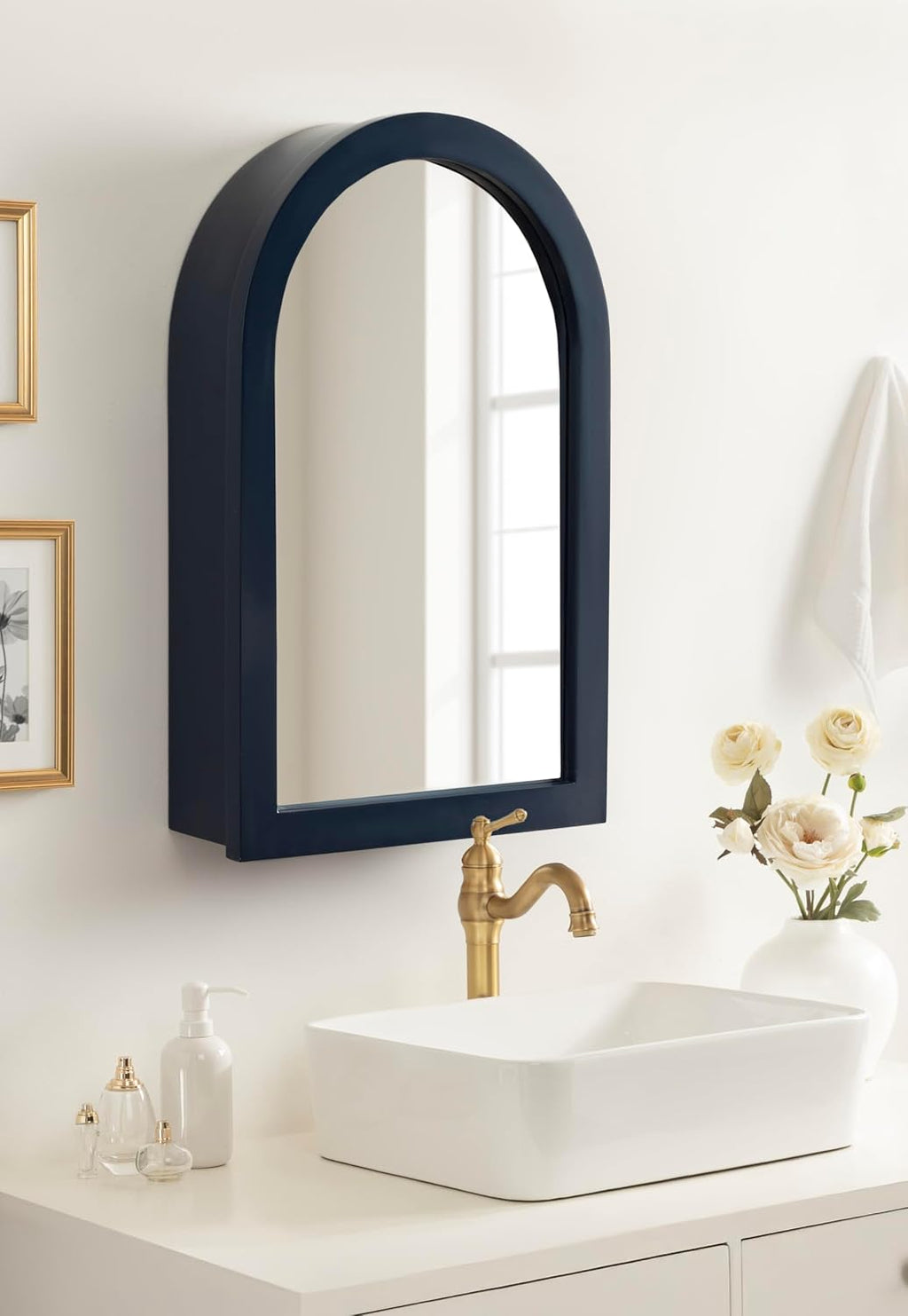 Kate and Laurel Arcott Modern Arched Bathroom Cabinet with Mirror, 20 x 6 x 30, Navy Blue, Coastal Wooden Bathroom Mirror with Storage for Bath Medicine Cabinet or Over-the-Toilet Storage Option