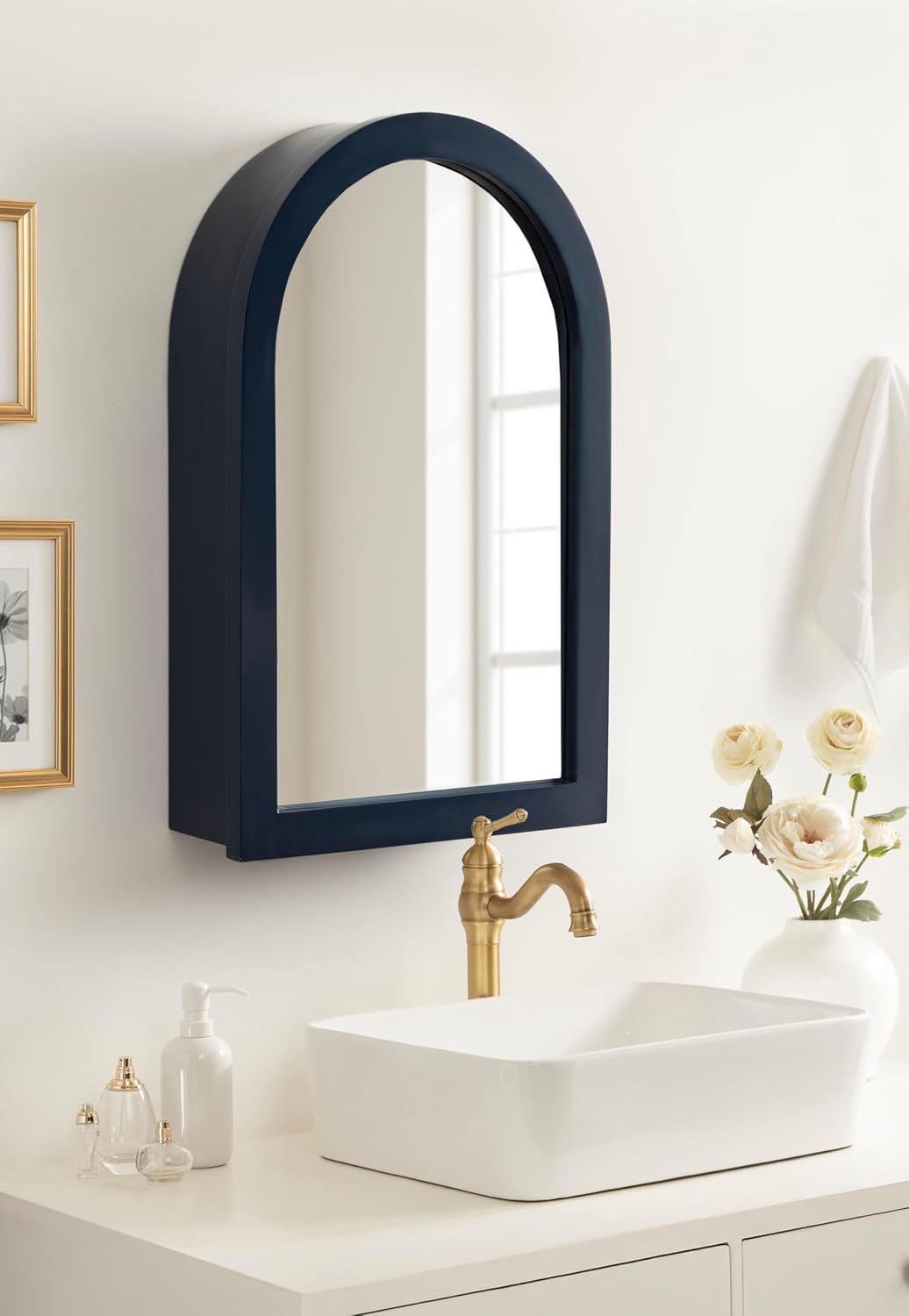 Kate and Laurel Arcott Modern Arched Bathroom Cabinet with Mirror, 20 x 6 x 30, Navy Blue, Coastal Wooden Bathroom Mirror with Storage for Bath Medicine Cabinet or Over-the-Toilet Storage Option