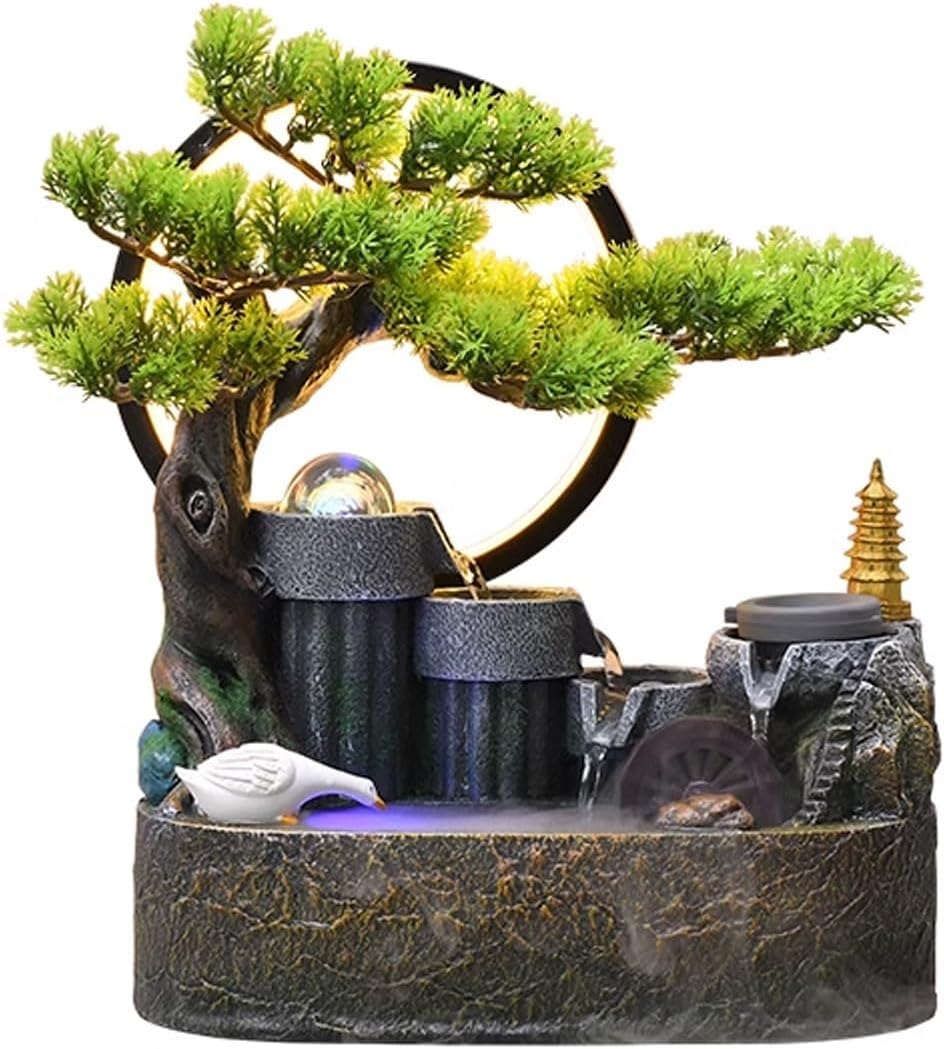 GLigeT Tabletop Fountain Rockery, Flowing Water Bonsai Circular Fountain Decoration Indoor Porch Living Room Tabletop Decoration Green Plant Tabletop Landscape Water Fountain Decor(Large)