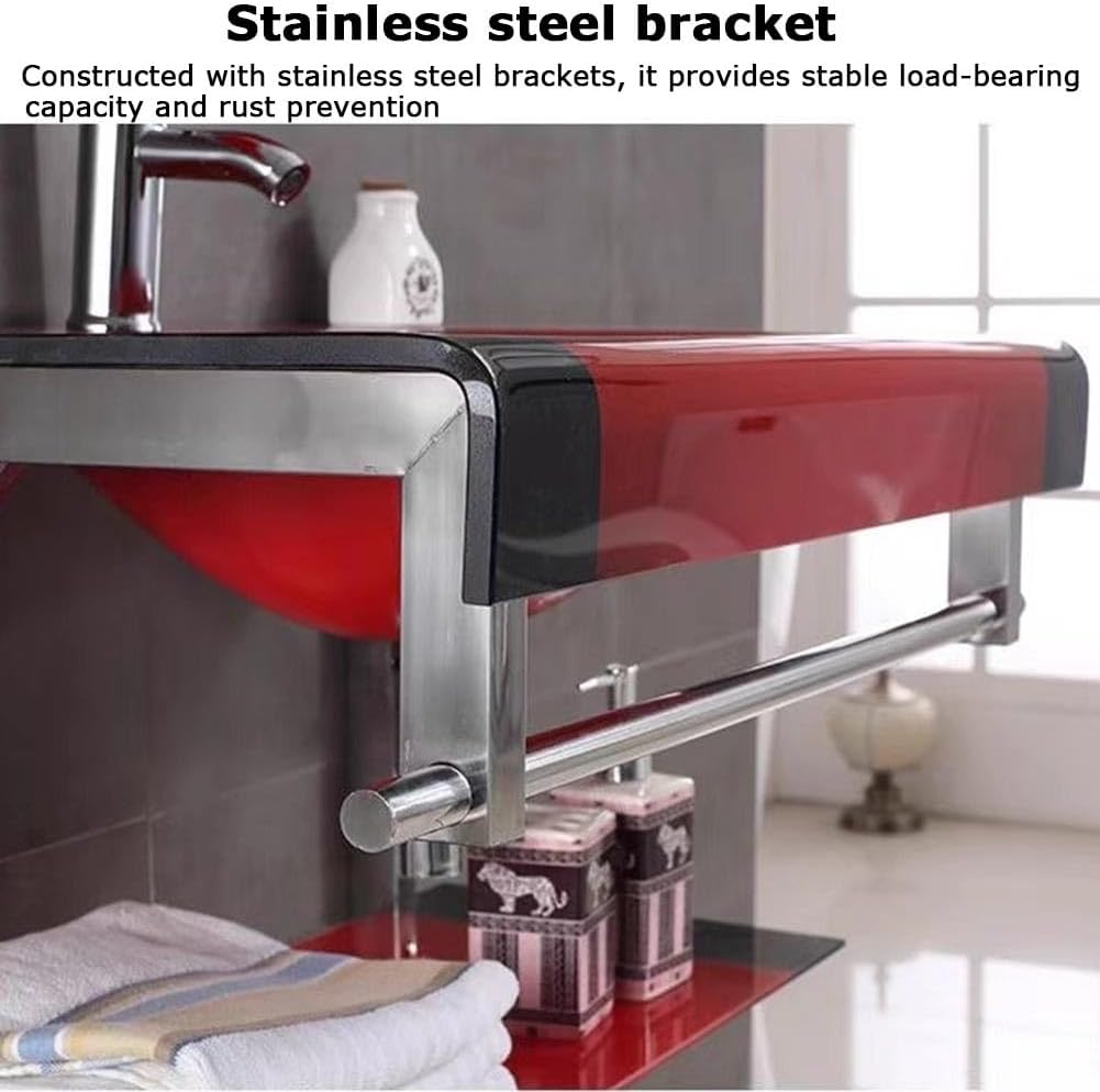 Modern Wall-Mounted Bathroom Vanity Set with Tempered Glass Sink Mirror Shelves - Space-Saving Floating Design for Stylish Bathrooms Efficient Nization,2186 Rosso 90X50Cm