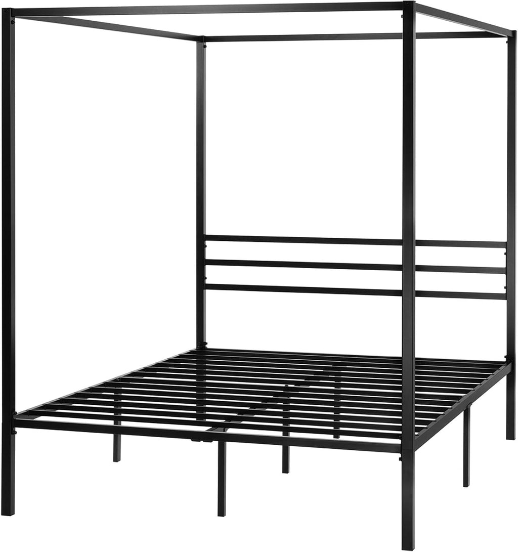 ikalido Queen Size Metal Canopy Bed Frame, Modern Four-Poster Platform Bed Frame, Mattress Foundation, Under-Bed Storage Space, No Box Spring Needed, Black
