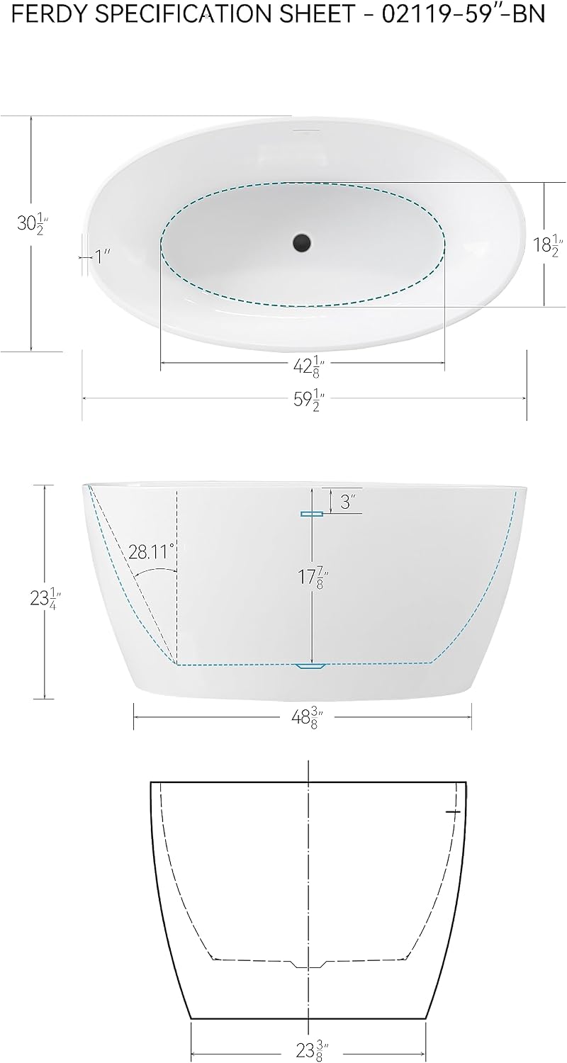 FerdY Tahiti 59' Acrylic Freestanding Bathtub, Elegant Oval Shape Soaking Bathtub, Glossy White, Matte Black Drain & Matte Black Overflow Assembly Included cUPC Certified