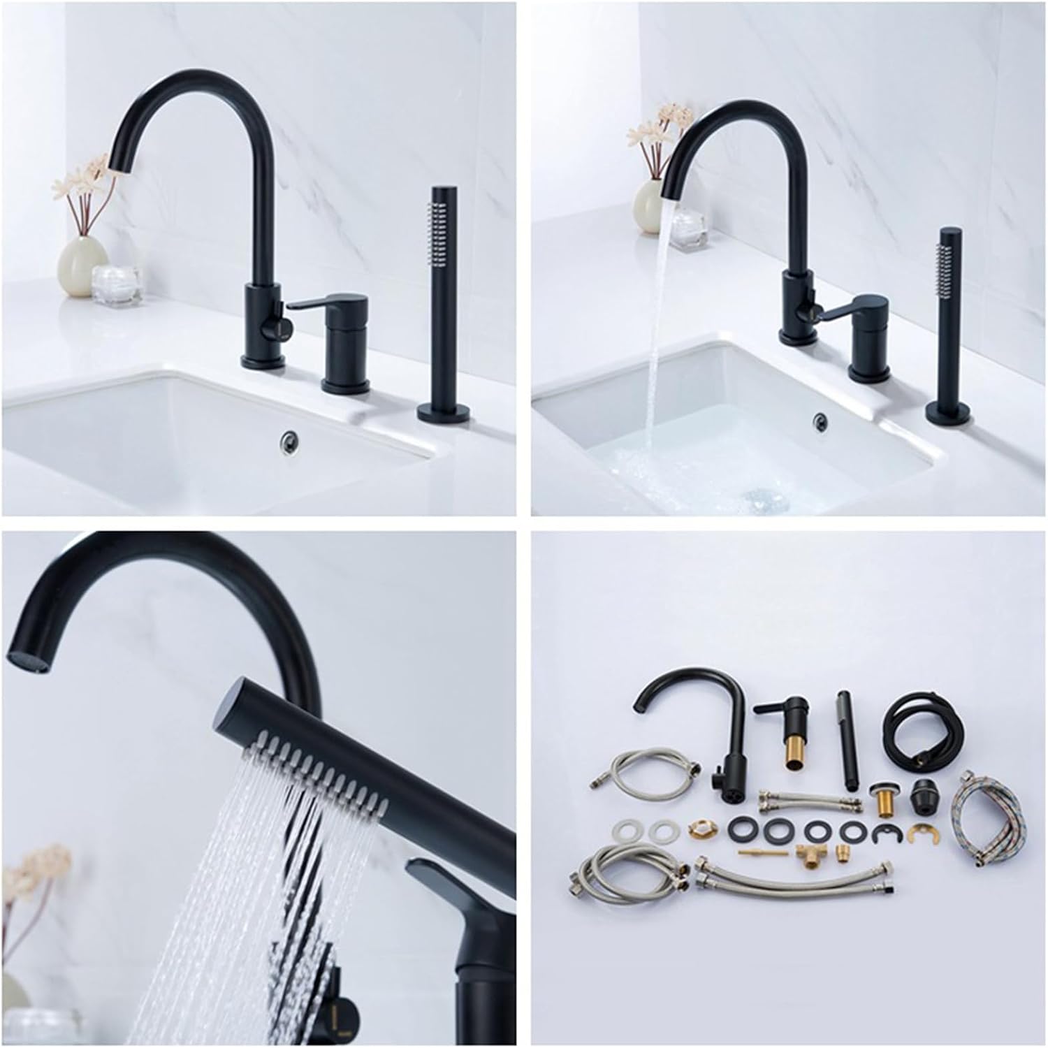 Bath Mixer Tap with Shower Attachment, 3-Hole Bathtub Tap Shower Head and Hose Set for Bath Taps Brushed Gold,A