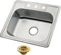 Kingston Brass Carefree K25228BN7 25' Stainless Steel Self-Rimming Single Bowl Drop-In Kitchen Sink with 3-Hole Drain and Strainer, Stainless Steel/Brushed Brass
