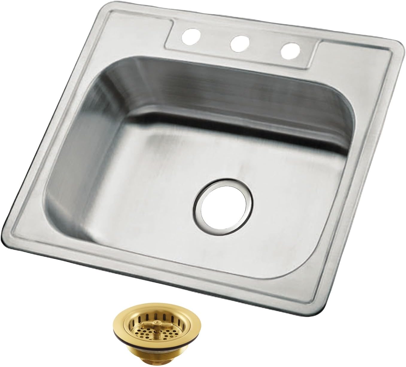 Kingston Brass Carefree K25228BN7 25' Stainless Steel Self-Rimming Single Bowl Drop-In Kitchen Sink with 3-Hole Drain and Strainer, Stainless Steel/Brushed Brass