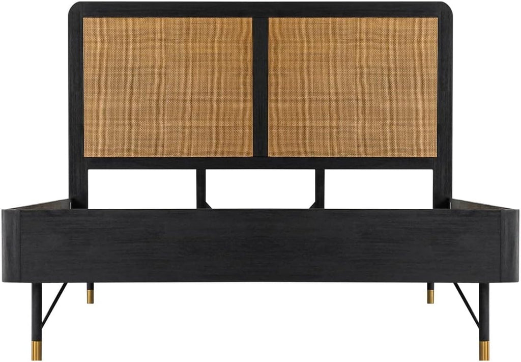 Armen Living Saratoga 4 Piece Queen Bedroom Set in Black Acacia Wood and Rattan