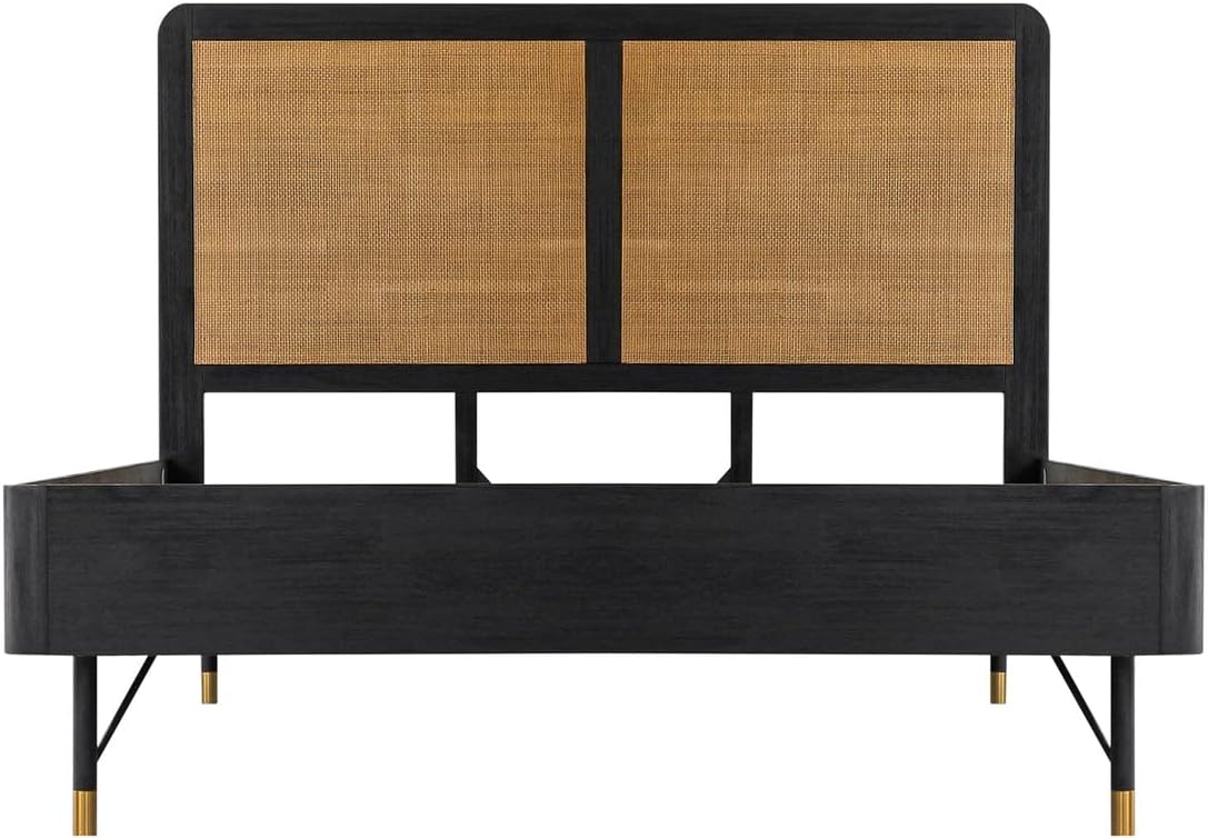 Armen Living Saratoga 4 Piece Queen Bedroom Set in Black Acacia Wood and Rattan