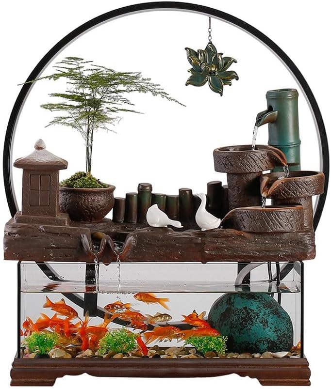 GUERNSEY Tabletop Fountain Chinese Style Glass Fish Tank Desktop Fountain Ornaments Creative Simple Water Circulation Desktop Decorations Indoor Waterfall Feature Indoor Fountain