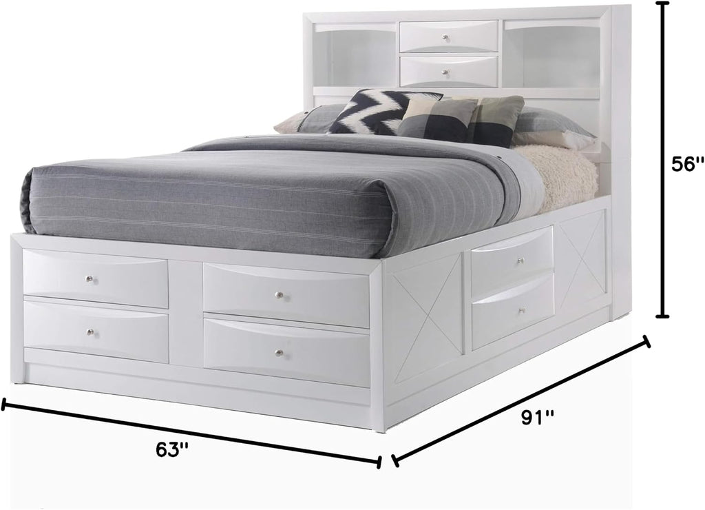 Queen Bed with Storage, Solid Wood Queen Size Bed Frame with Headboard (2 Bookcase, 2 Drawers), Footboard (4 Drawers), Rail with 2 Drawers, Wooden Slat, No Box Spring Needed, White