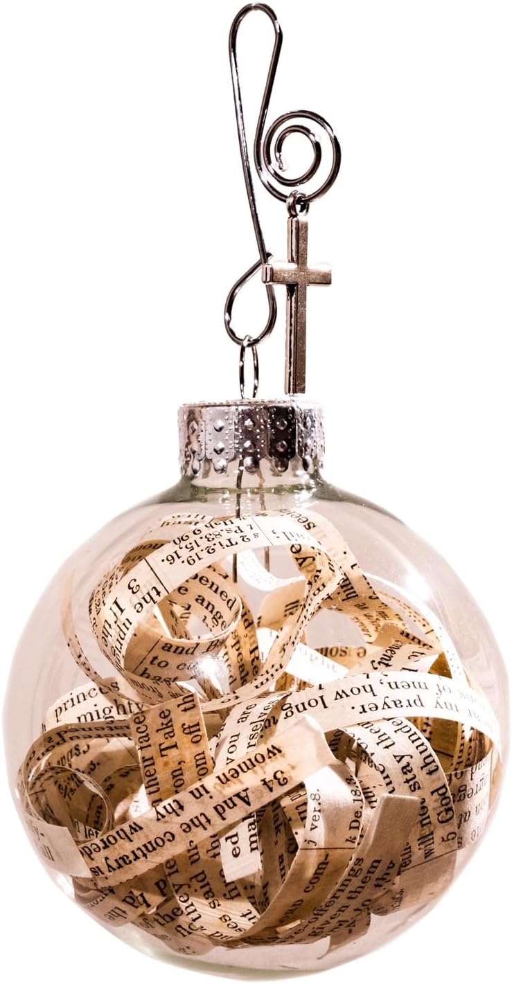 Rescued Antique Bible Glass Tree Decor & Christmas Ornaments with Silver Cross - Hanging Accessories For Home, Office, Church - Unique Gift for Friends, Family, Pastor (Pack of 10)