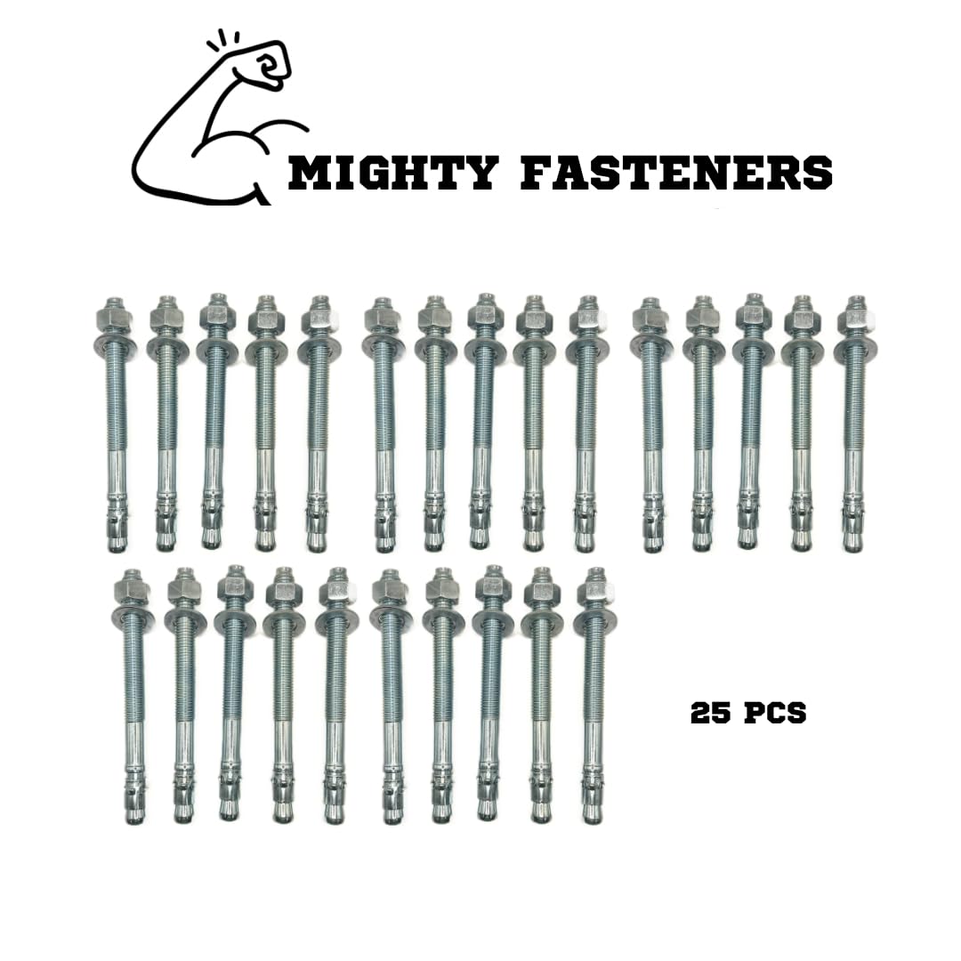 MIGHTY FASTENERS Zinc-Plated Steel Wedge Anchors, 1' X 6' - Heavy-Duty Mounting Bolts for Concrete - 25 Pack