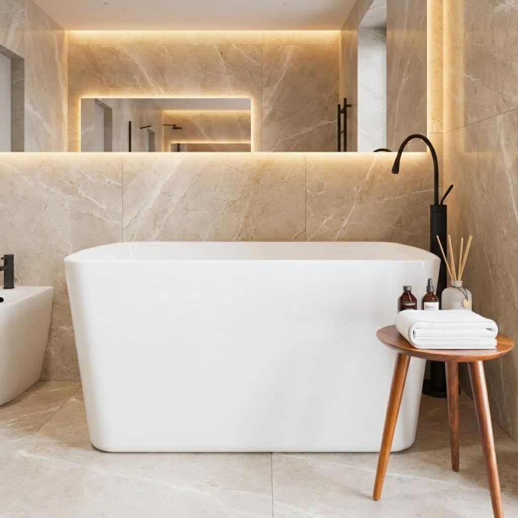 49 Inch Freestanding Bathtub Acrylic Compact Soaking Tub with Chrome Drain & Overflow, Space-Saving Sit-In Design for Small Bathrooms, Modern Glossy White