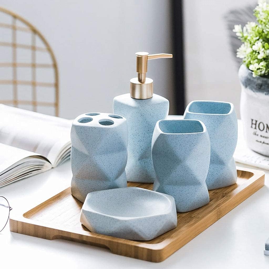 Soap Dispenser Soap Dispenser 6 Piece Stunning Bathroom Accessories Set Geometric Design Ceramics Tumbler Dispenser Shower,Blue