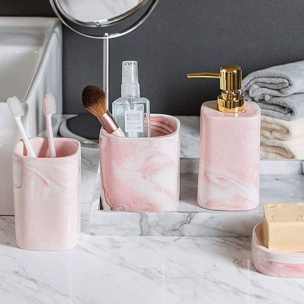 Bathroom Accessory Sets, Ceramic Bathroom Accessories Complete Set Vanity Countertop Accessory Set,4 Pieces Includes Lotion Dispenser Soap Pump,Toothbrush Holder (Color : Gray) (Pink)