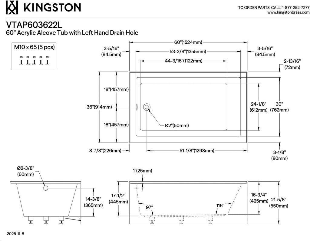 Kingston Brass Aqua Eden VTAP603622L 60-Inch Acrylic Alcove Tub with Left Hand Drain, White