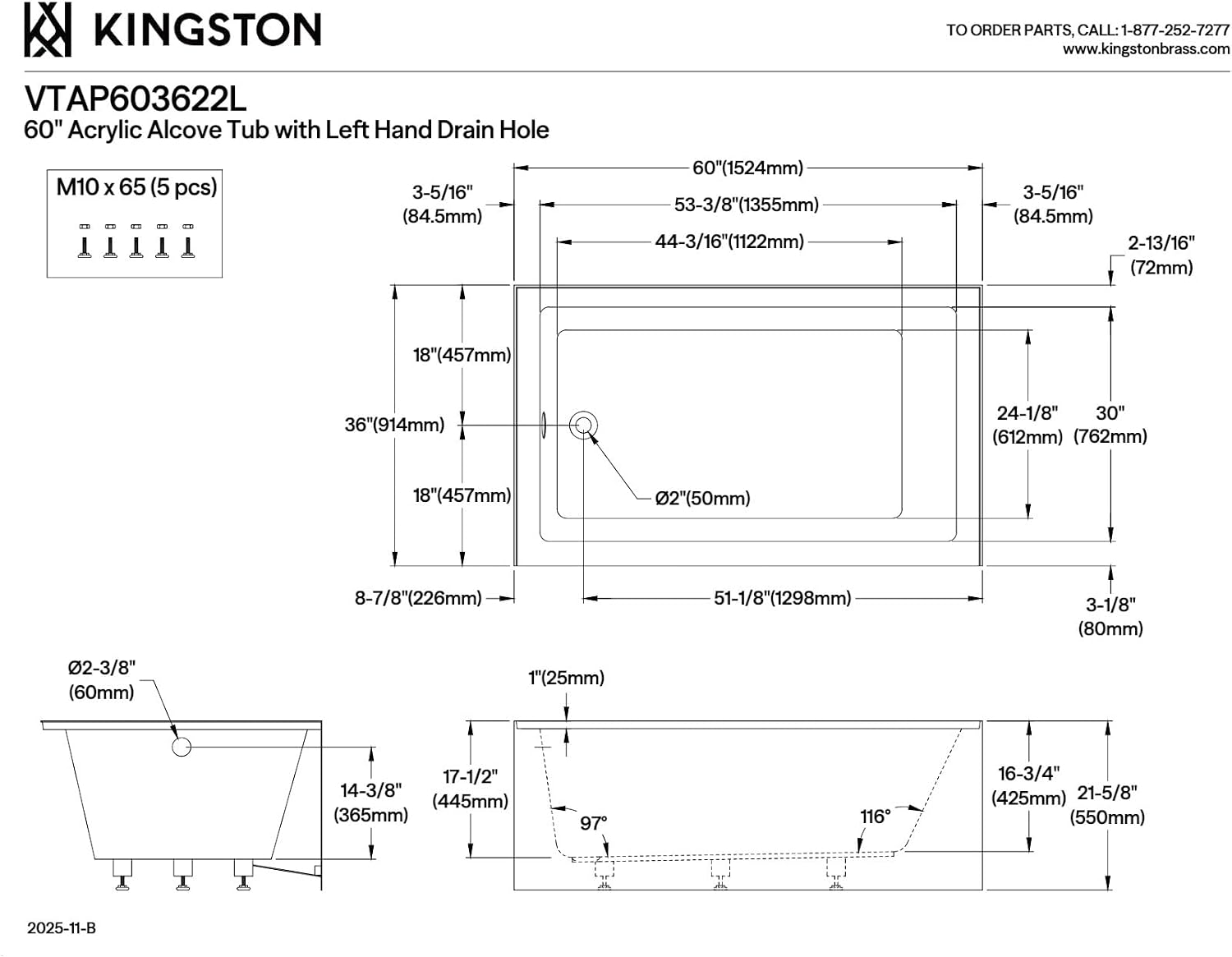 Kingston Brass Aqua Eden VTAP603622L 60-Inch Acrylic Alcove Tub with Left Hand Drain, White
