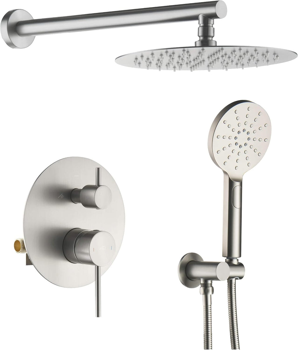 KIBI Circular Bathroom Shower System | 2-Function Wall Mounted Shower Faucet Set | Solid Brass Pressure Balanced Valve Construction | Durable and Leak-Free | Brushed Nickel Finish, KSF403