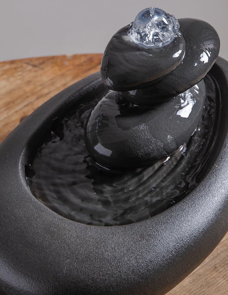 Modern Stone Stack Water Fountain with LED Light - Small Indoor Zen Fountain for Relaxation and Meditation